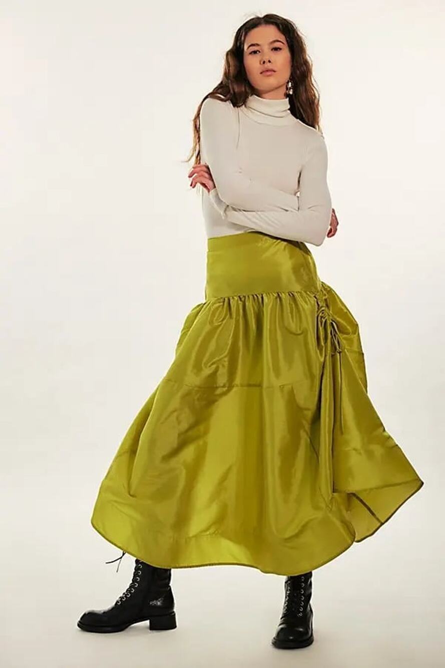 New FREE PEOPLE Emery Drop-Waist Midi Skirt $128 LARGE Lentil Sprout Elastic